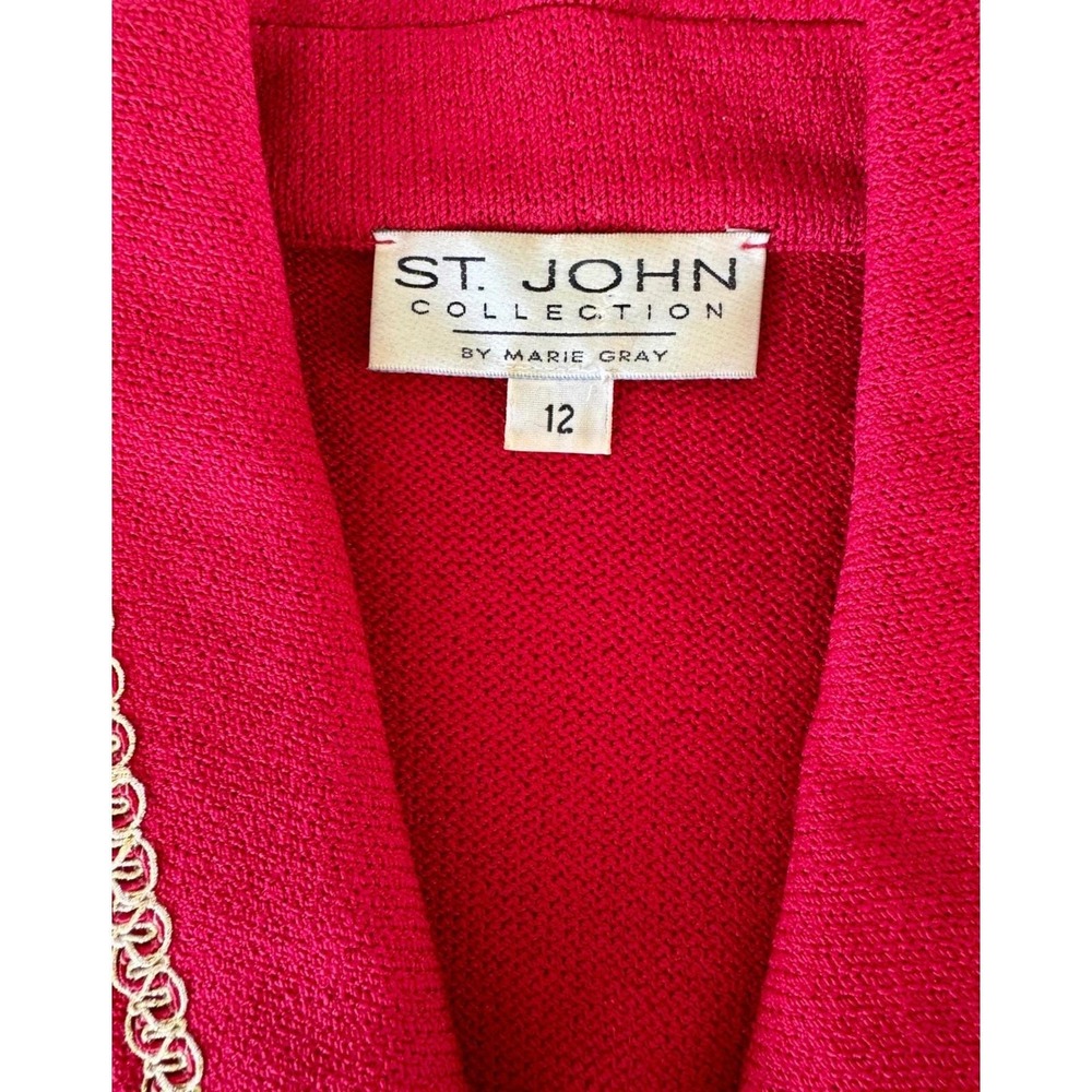 St. John Collection Red Knit Suit Set Gold Trim Double Breasted Blazer 12/10 - Picture 3 of 9